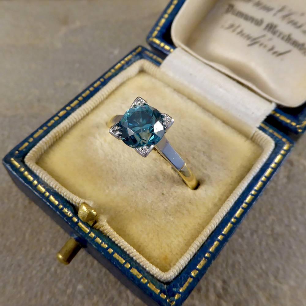 1.75 Carat Blue Zircon Art Deco Ring in 18 Carat Yellow Gold and Platinum 6