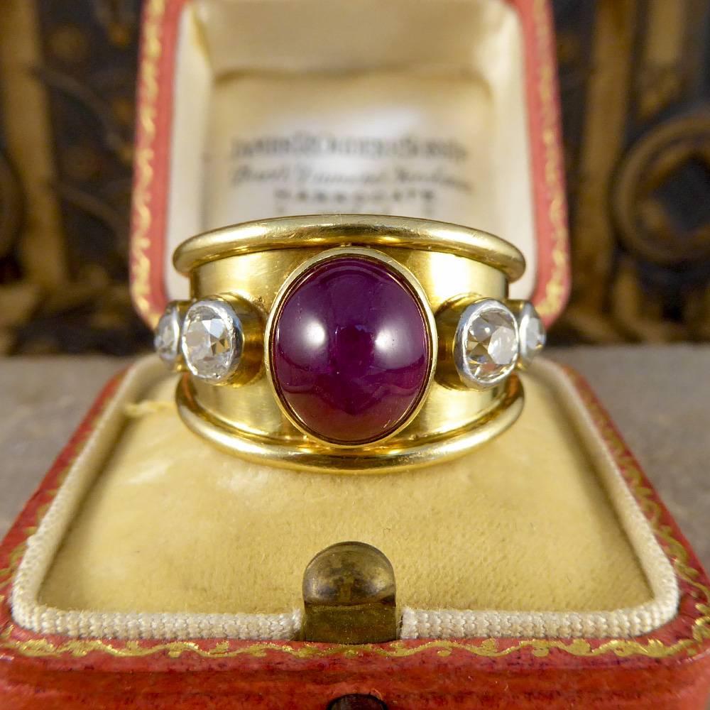 Vintage 1970s Ruby Cabochon and Diamond Ring in 18 Carat Gold 3