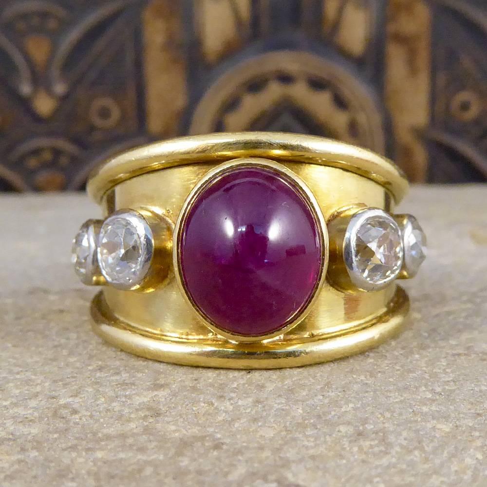 Vintage 1970s Ruby Cabochon and Diamond Ring in 18 Carat Gold 5