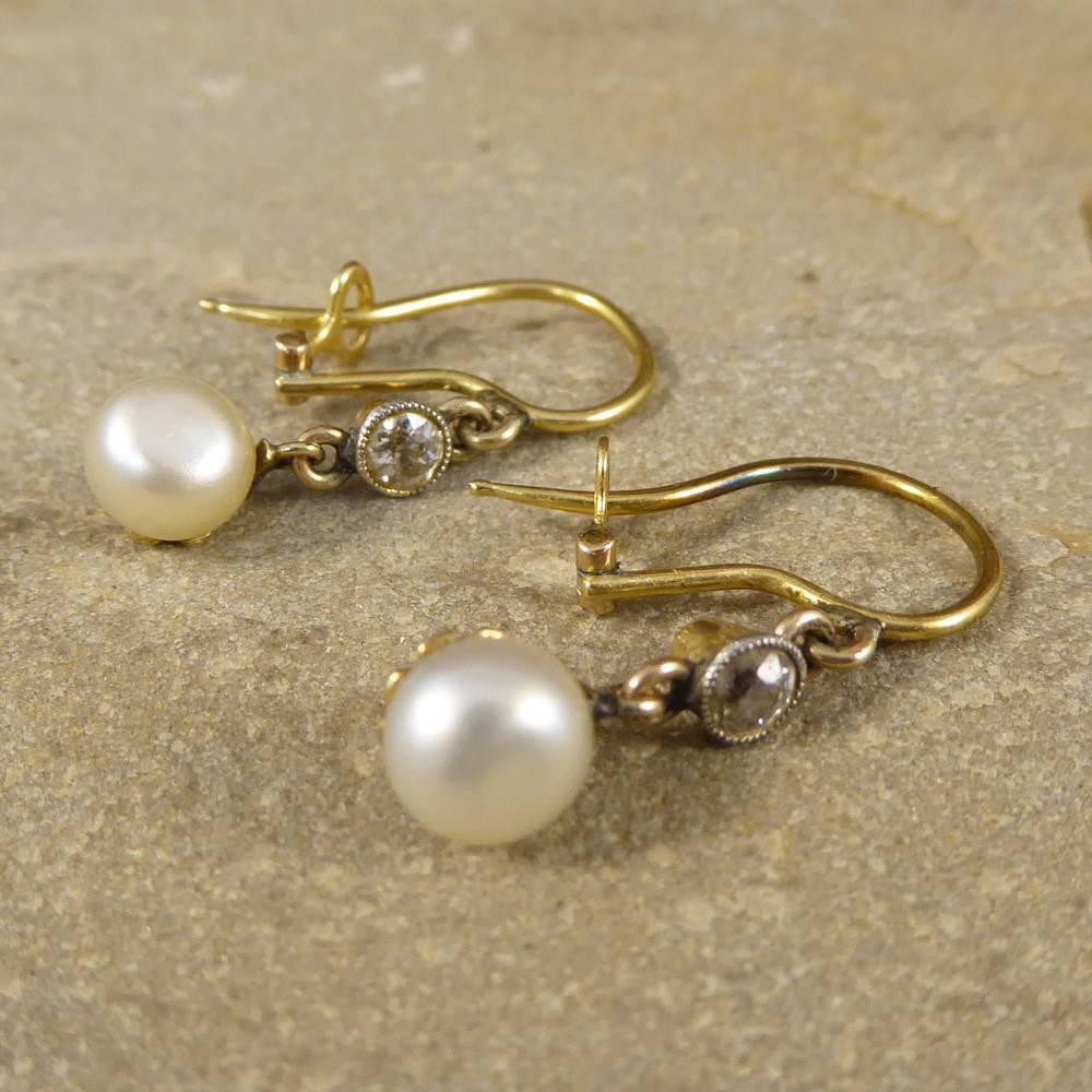 Victorian Antique Pearl and Diamond Drop Earrings in 15 Carat Gold