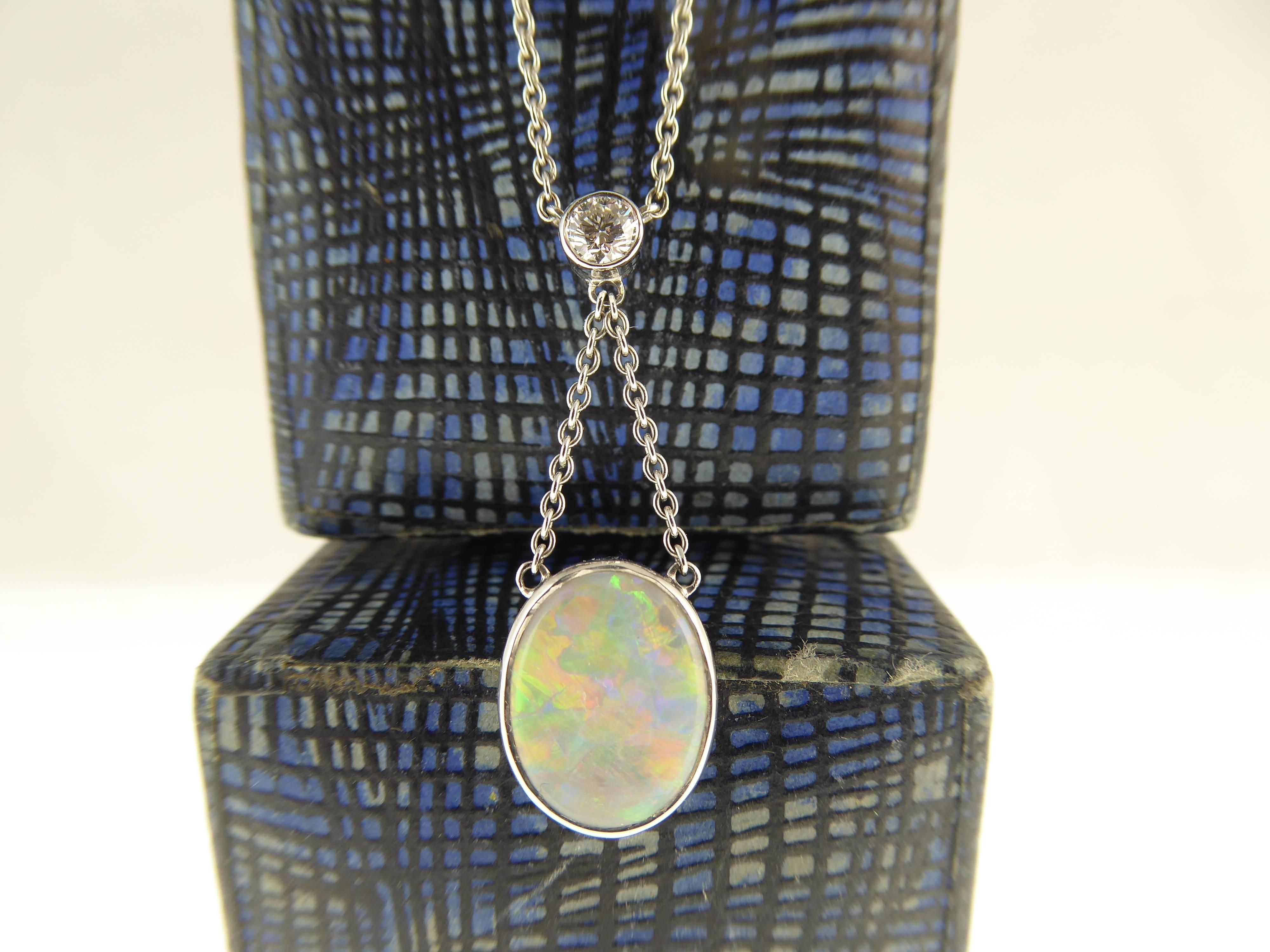 Pre-Owned Antique Style Necklace, Cabochon Opal 1.0 Carat and Diamond In Excellent Condition In Yorkshire, West Yorkshire