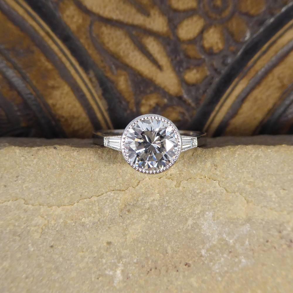 1.58 Carat Diamond Solitaire Ring with Tapered Baguette Shoulders in Plat In Good Condition In Yorkshire, West Yorkshire