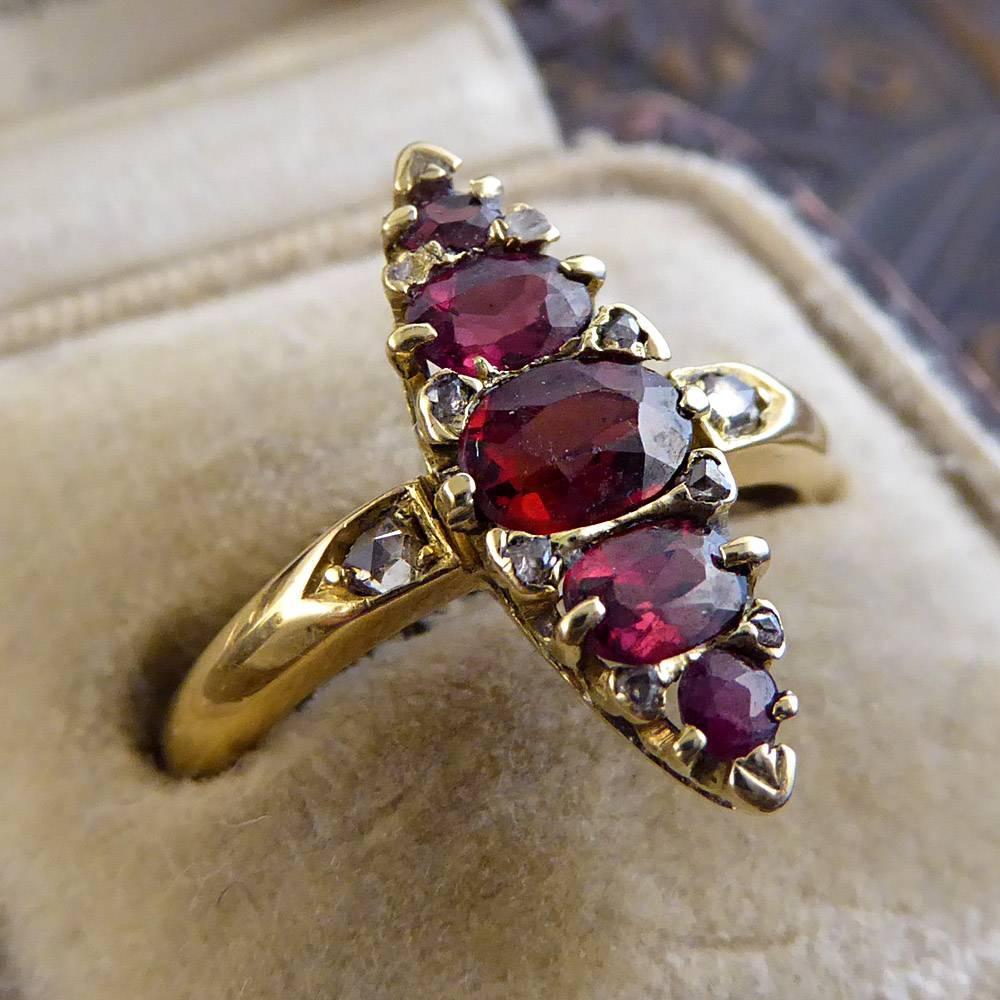 Diamond and Garnet Vintage Marquise Ring in 18 Carat Gold 4