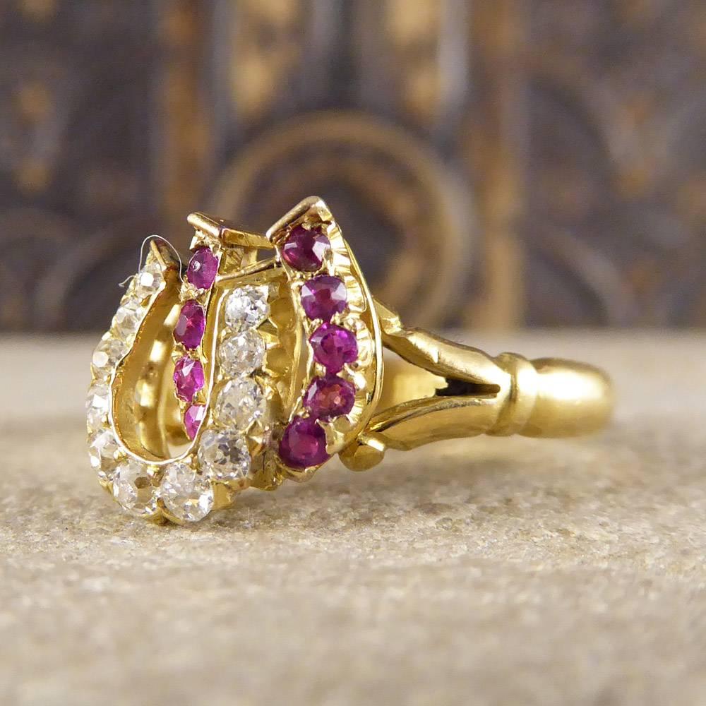 Women's Antique Edwardian Ruby and Diamond Double Horseshoe Ring in 18 Carat Gold