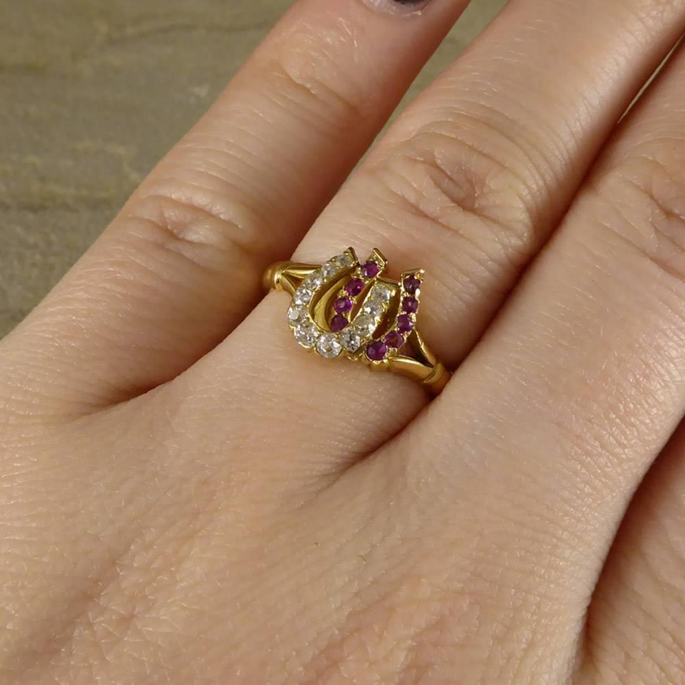 Antique Edwardian Ruby and Diamond Double Horseshoe Ring in 18 Carat Gold 2