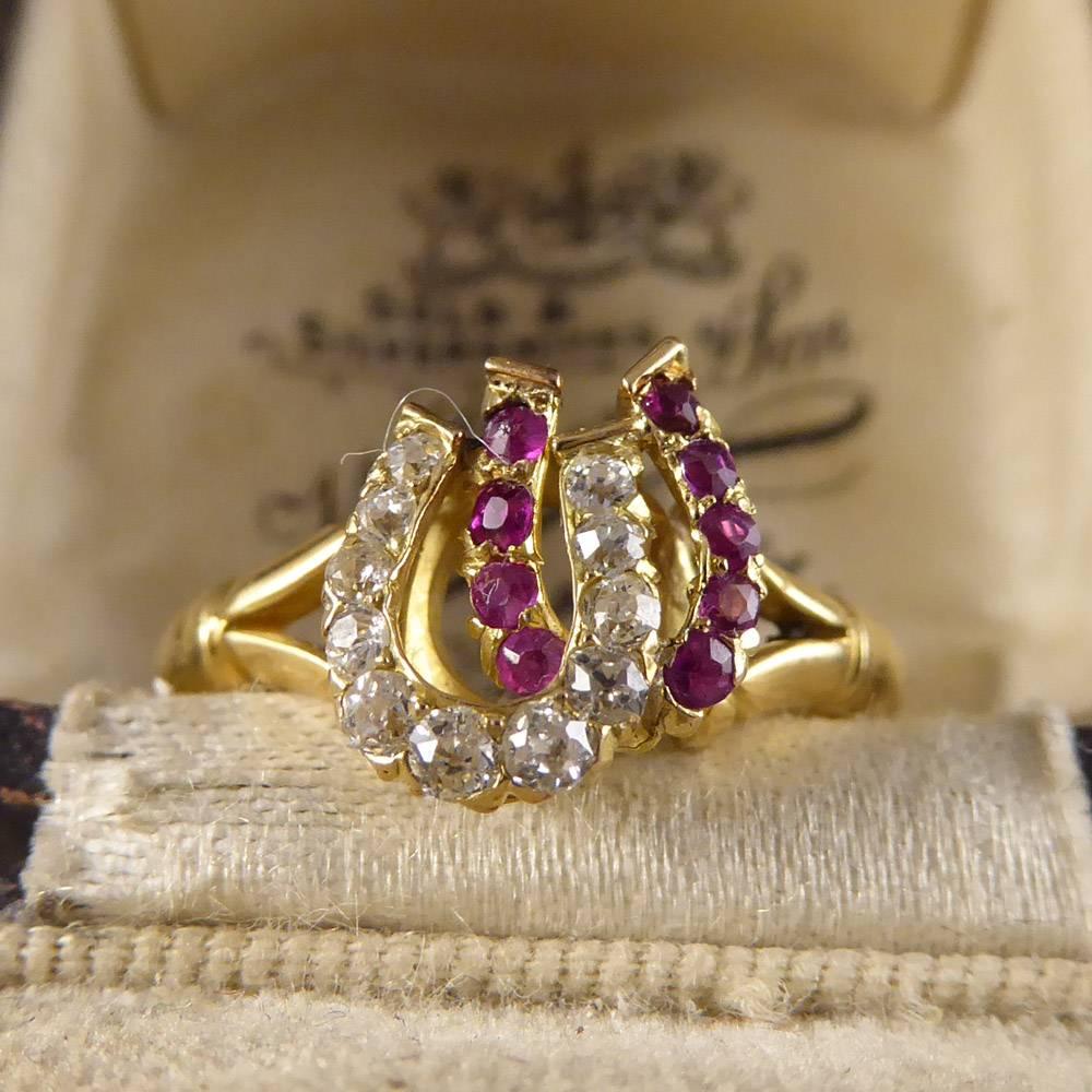 Antique Edwardian Ruby and Diamond Double Horseshoe Ring in 18 Carat Gold 3