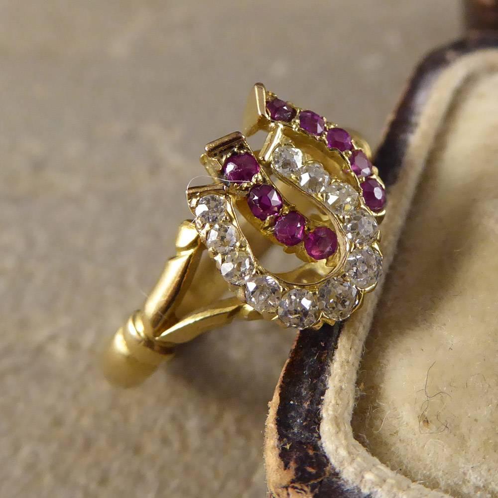 Antique Edwardian Ruby and Diamond Double Horseshoe Ring in 18 Carat Gold 4