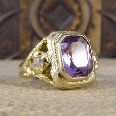 Antique Early Victorian Amethyst and Old Cut Diamond Ring in 14 Carat Gold