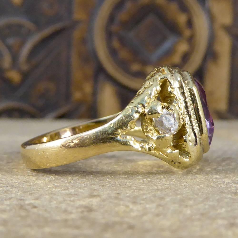 Antique Early Victorian Amethyst and Old Cut Diamond Ring in 14 Carat Gold In Good Condition In Yorkshire, West Yorkshire