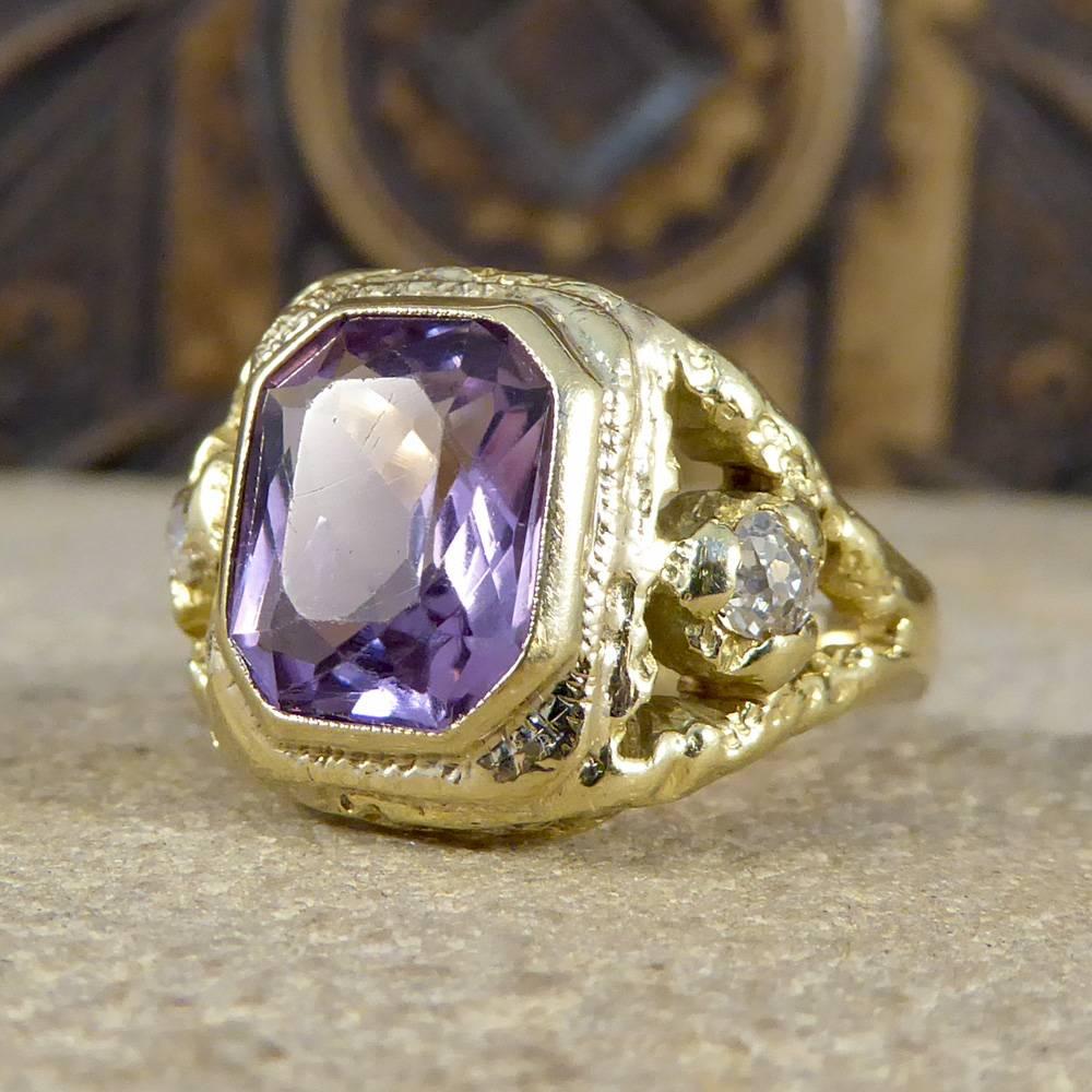 Antique Early Victorian Amethyst and Old Cut Diamond Ring in 14 Carat Gold 1