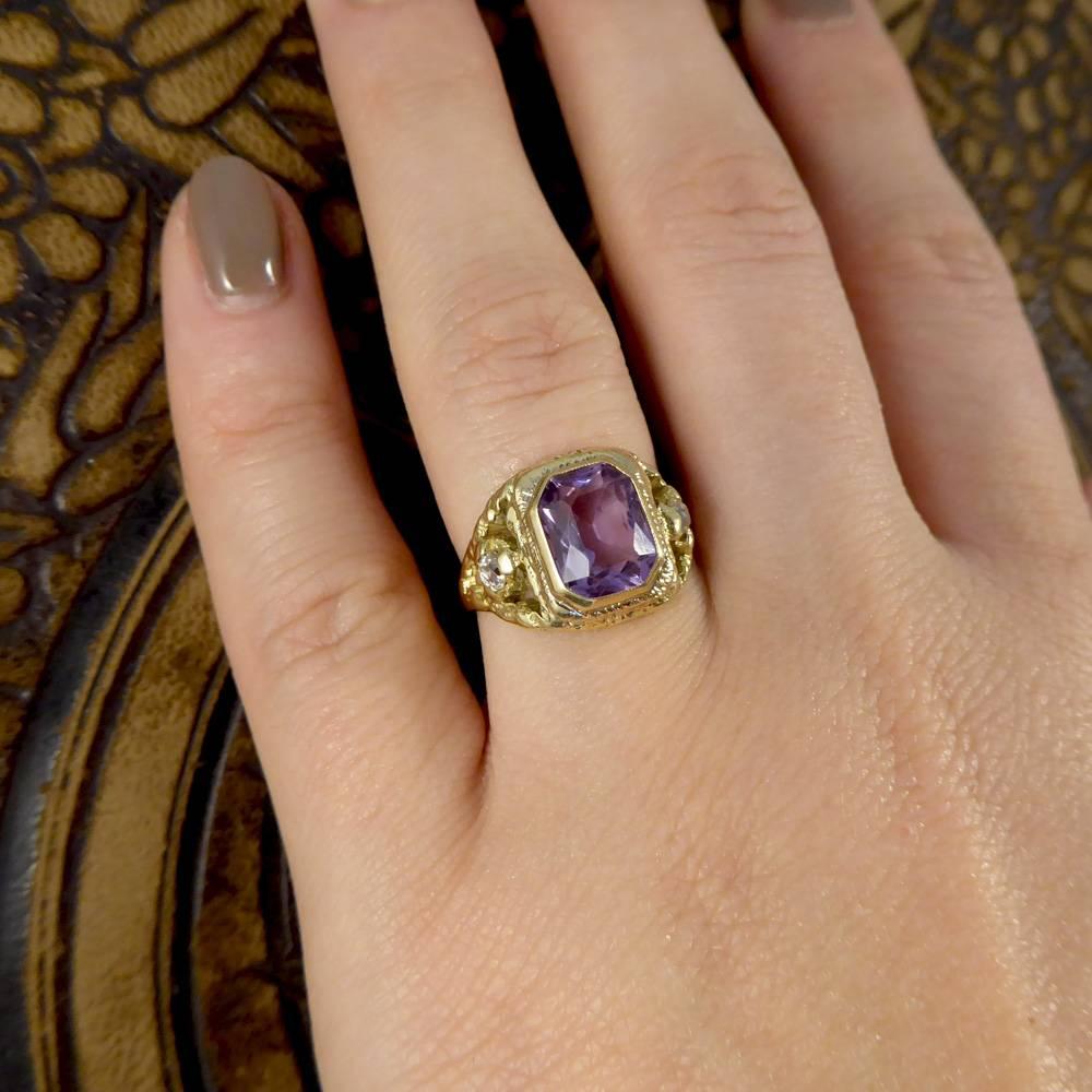 Antique Early Victorian Amethyst and Old Cut Diamond Ring in 14 Carat Gold 2
