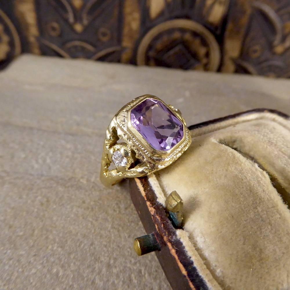 Antique Early Victorian Amethyst and Old Cut Diamond Ring in 14 Carat Gold 4