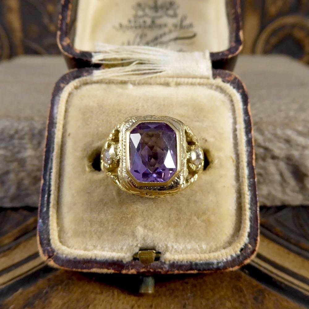 Antique Early Victorian Amethyst and Old Cut Diamond Ring in 14 Carat Gold 5