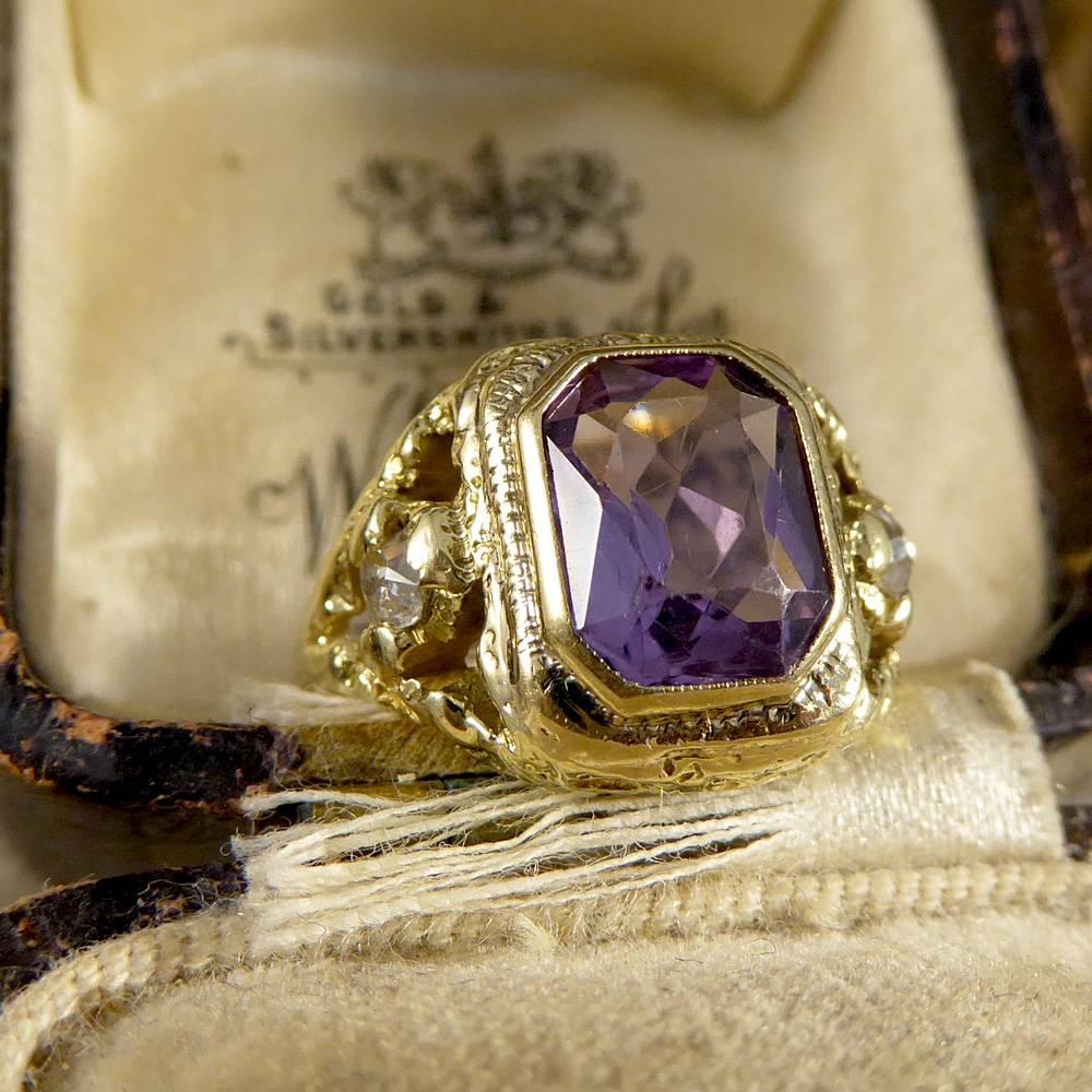 Antique Early Victorian Amethyst and Old Cut Diamond Ring in 14 Carat Gold 6