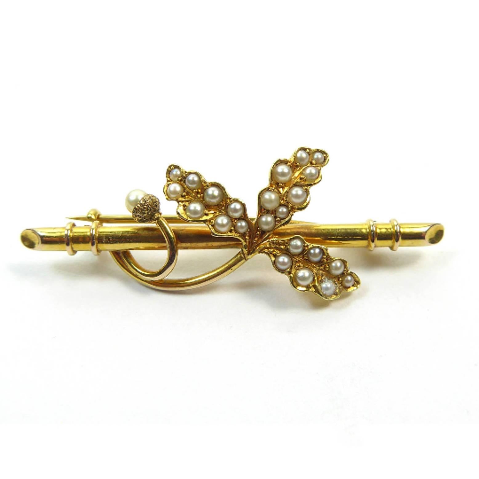 Antique Victorian Pearl Oakleaf and Acorn Gold Brooch, 15 Carat Gold 1