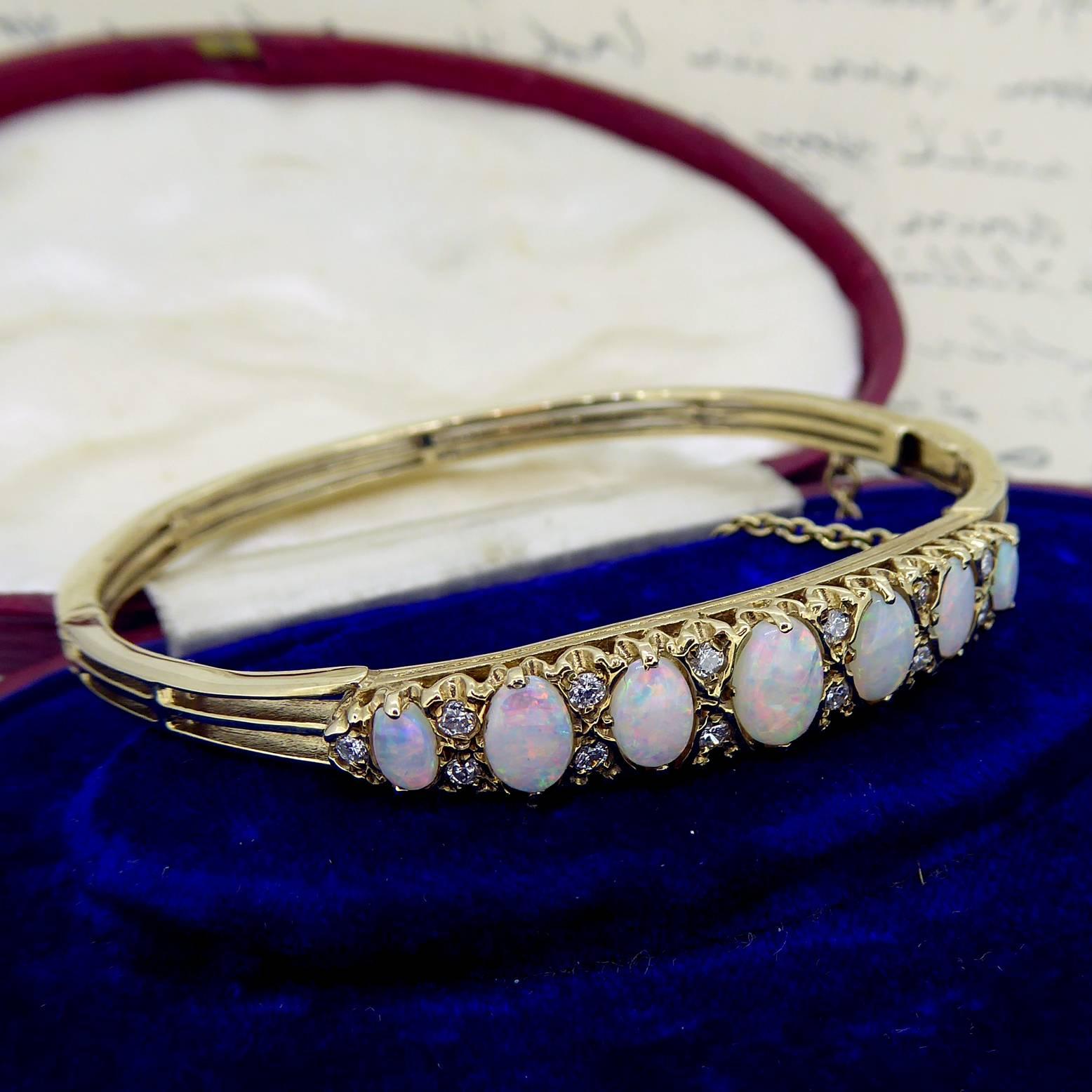 Victorian Style Opal and Diamond Bangle, Hallmarked London 1991 In Good Condition In Yorkshire, West Yorkshire