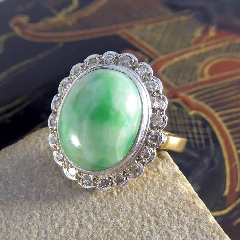 Diamond and Jade Vintage Cluster Ring in 18 Carat Gold, 1970s 3