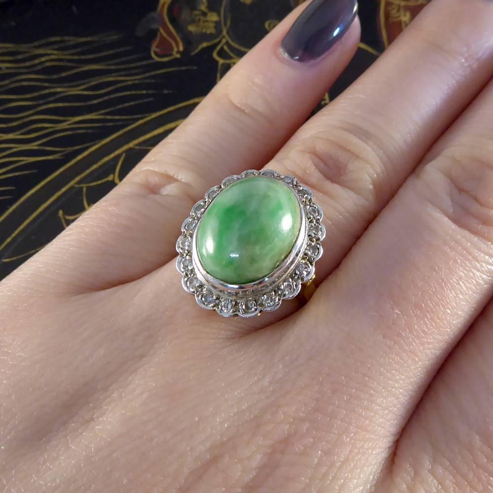Diamond and Jade Vintage Cluster Ring in 18 Carat Gold, 1970s 4