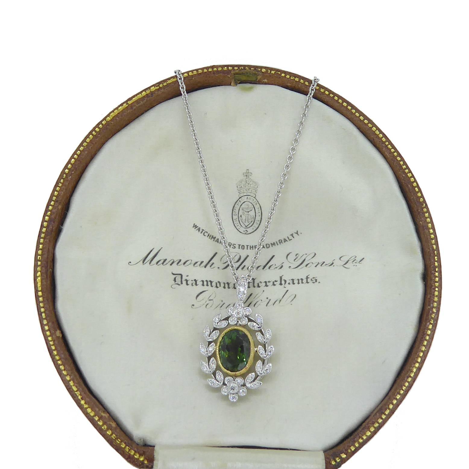 Oval Cut Antique Style 1.82 Carat Green Tourmaline Pendant with 0.21 Carat Diamonds
