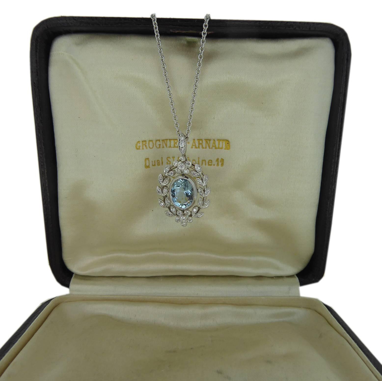 Oval Cut Antique Belle Époque Style 1.70 Carat Aquamarine and Diamond Pendant in 18 Carat