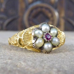 Antique Ruby and Pearl Flower Cluster Ring in 15 Carat Gold