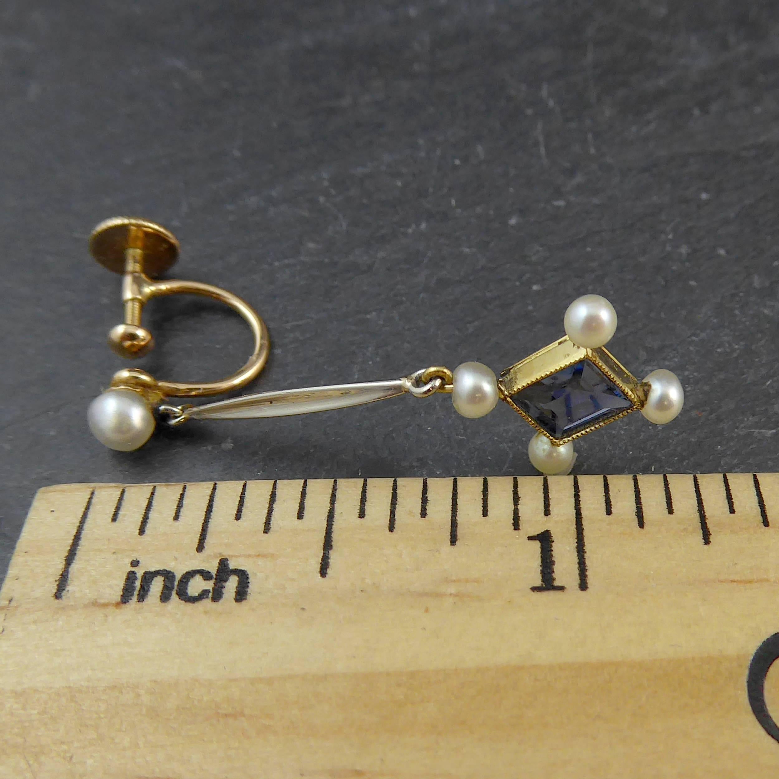 Edwardian Drop Earrings with Sapphire and Seed Pearl In Good Condition In Yorkshire, West Yorkshire
