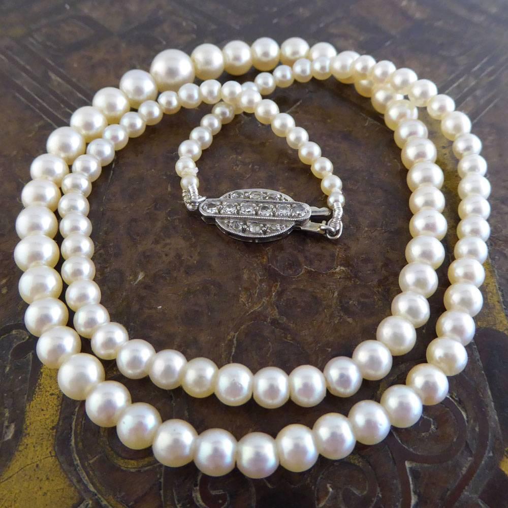 Women's Art Deco Diamond Clasp Platinum Pearl Necklace