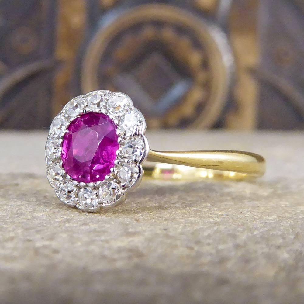 Women's Antique Ruby and Diamond Engagement Cluster Ring in 18 Carat Gold and Platinum