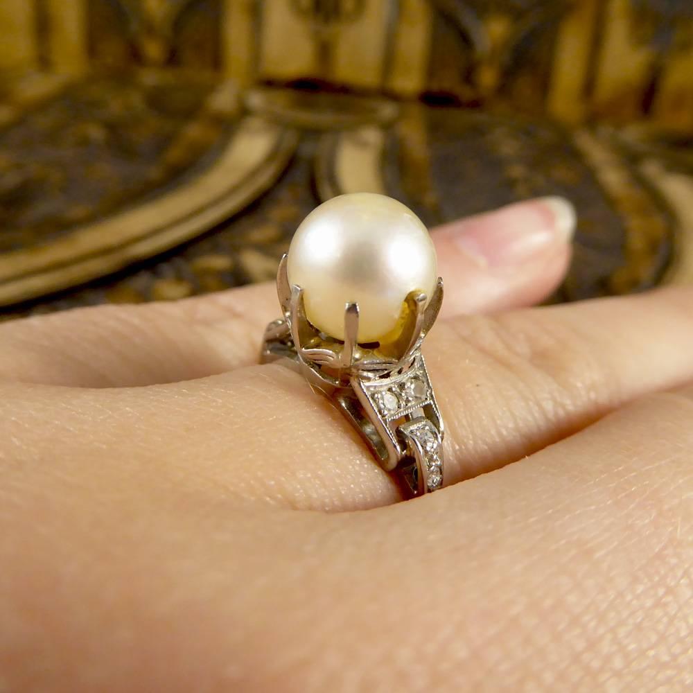 Art Deco Diamond and Pearl 18 Carat White Gold Ring 2