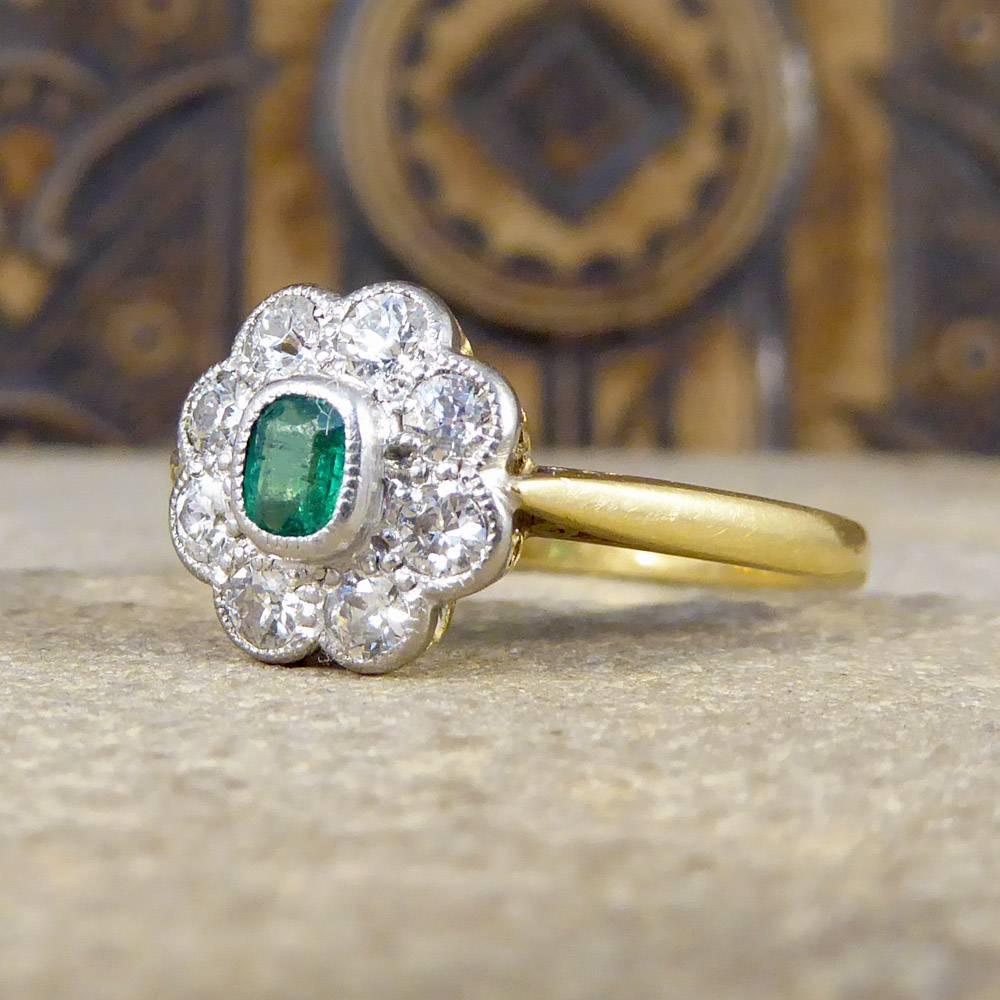 Emerald and Diamond Cluster Ring in Platinum and 18 Carat Gold, circa 1930s In Good Condition In Yorkshire, West Yorkshire