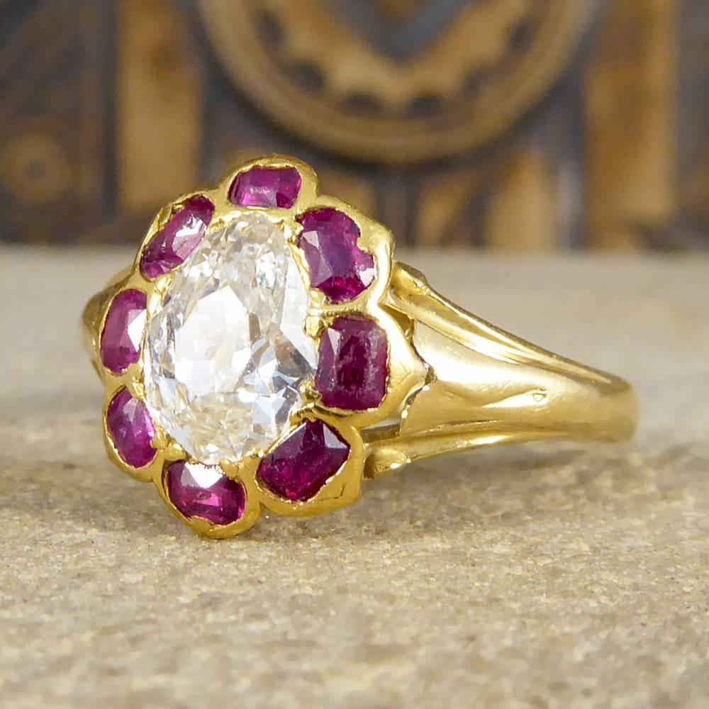 Antique Victorian Ruby and Old Pear Cut Diamond Cluster Ring in 18 Carat Gold 1
