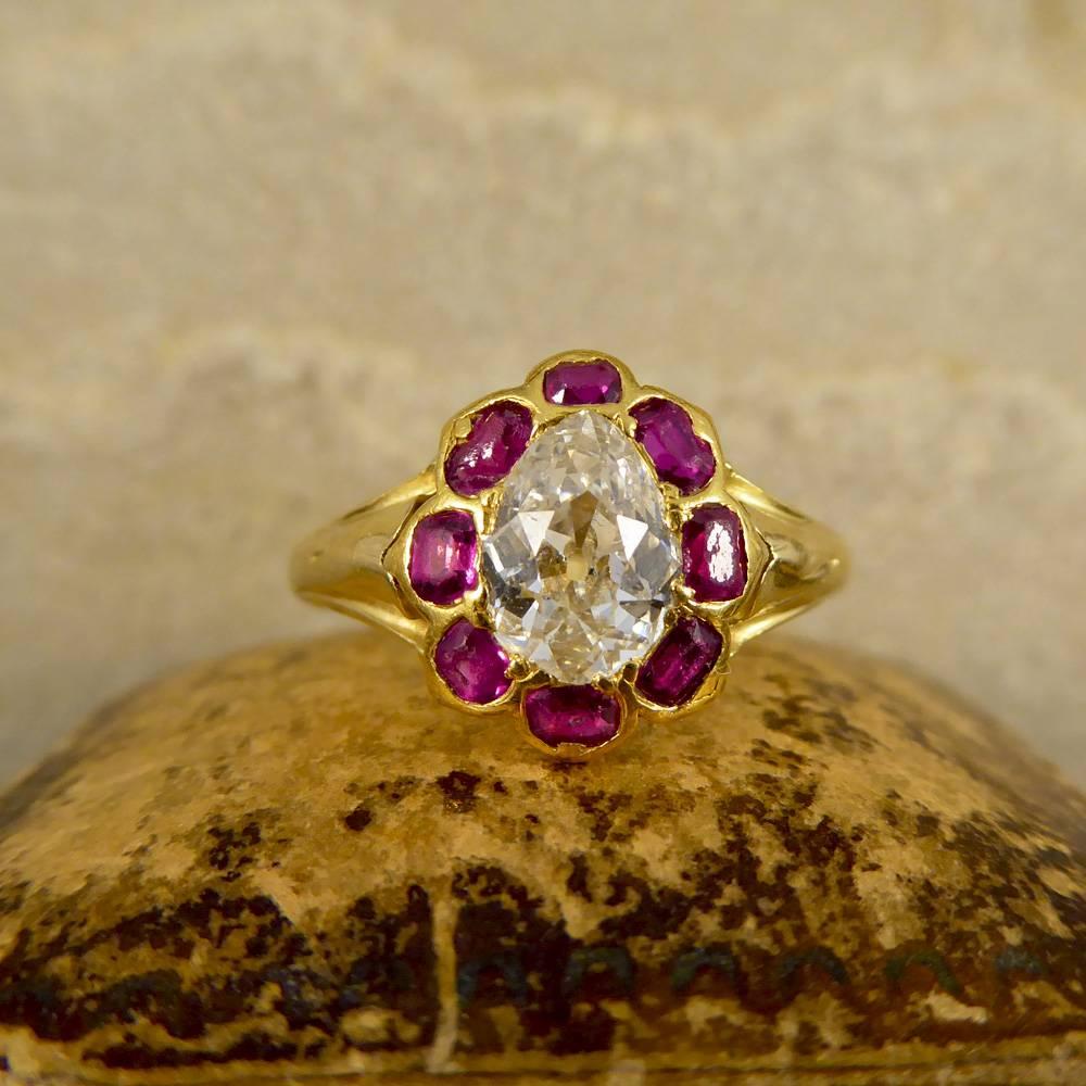 Antique Victorian Ruby and Old Pear Cut Diamond Cluster Ring in 18 Carat Gold 4