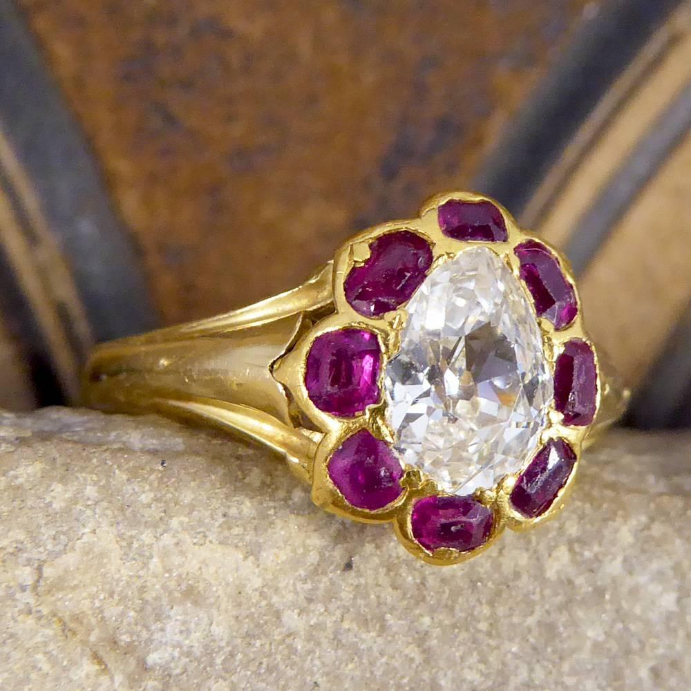 Antique Victorian Ruby and Old Pear Cut Diamond Cluster Ring in 18 Carat Gold 5