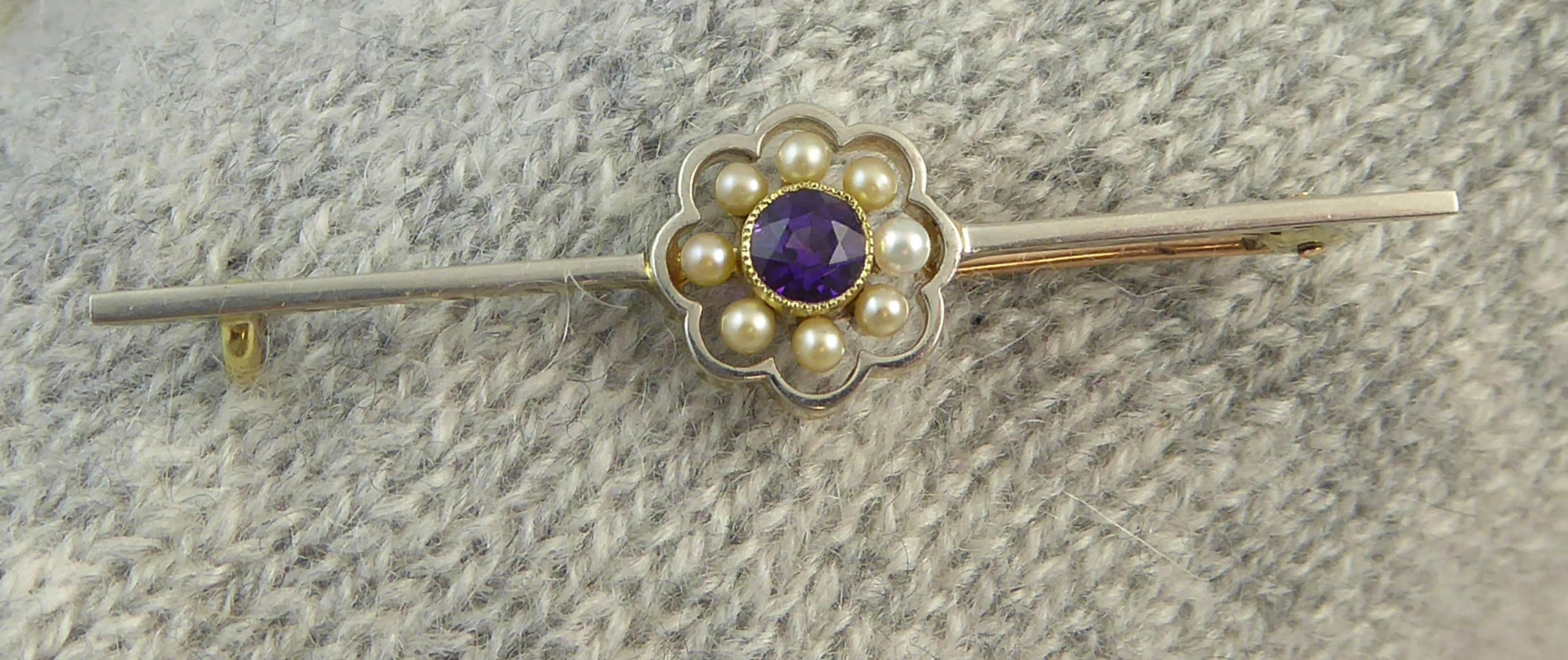 Round Cut Antique Edwardian Amethyst, Seed Pearl Brooch, 15 Carat Gold, Platinum