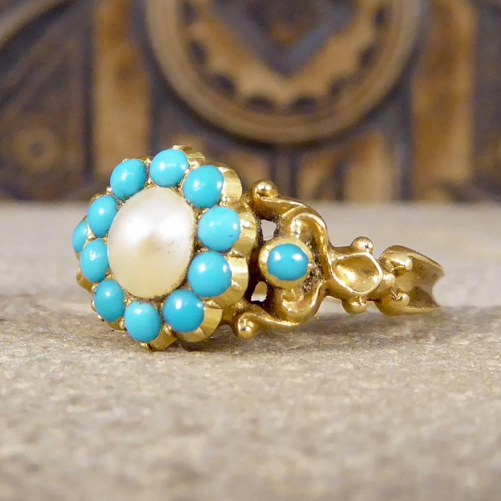 Women's Antique Turquoise and Pearl Gold Cluster Locket Ring