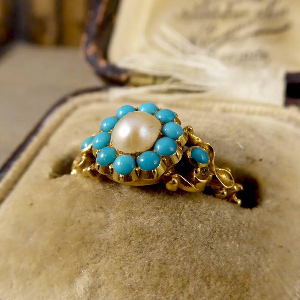 Antique Turquoise and Pearl Gold Cluster Locket Ring 1