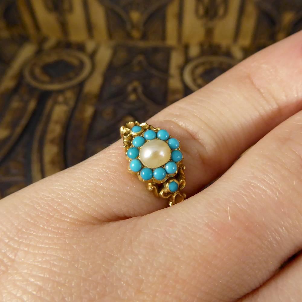 Antique Turquoise and Pearl Gold Cluster Locket Ring 2