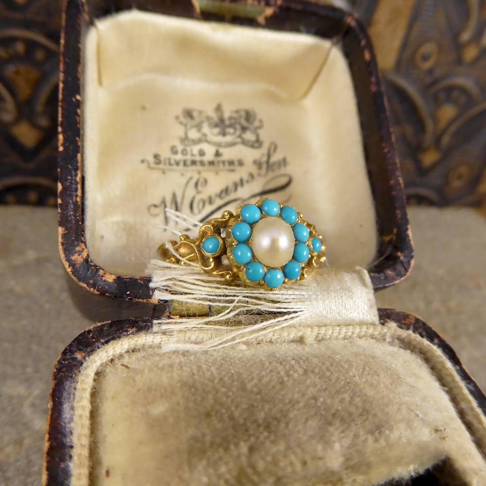 Antique Turquoise and Pearl Gold Cluster Locket Ring 3