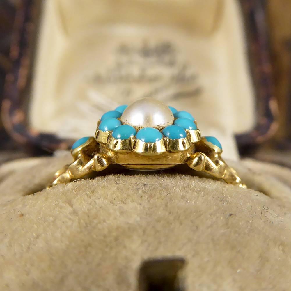 Antique Turquoise and Pearl Gold Cluster Locket Ring 4