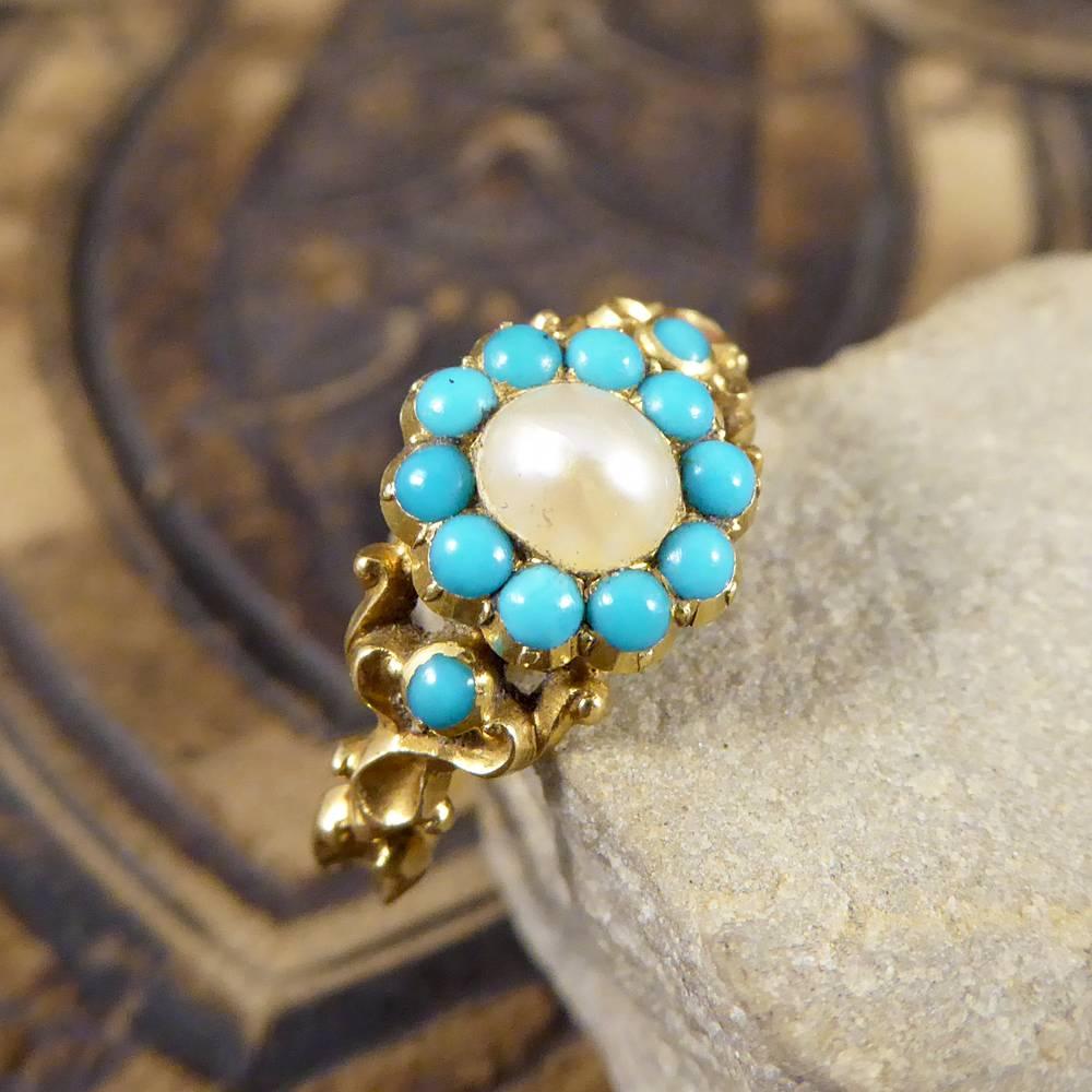 Antique Turquoise and Pearl Gold Cluster Locket Ring 5