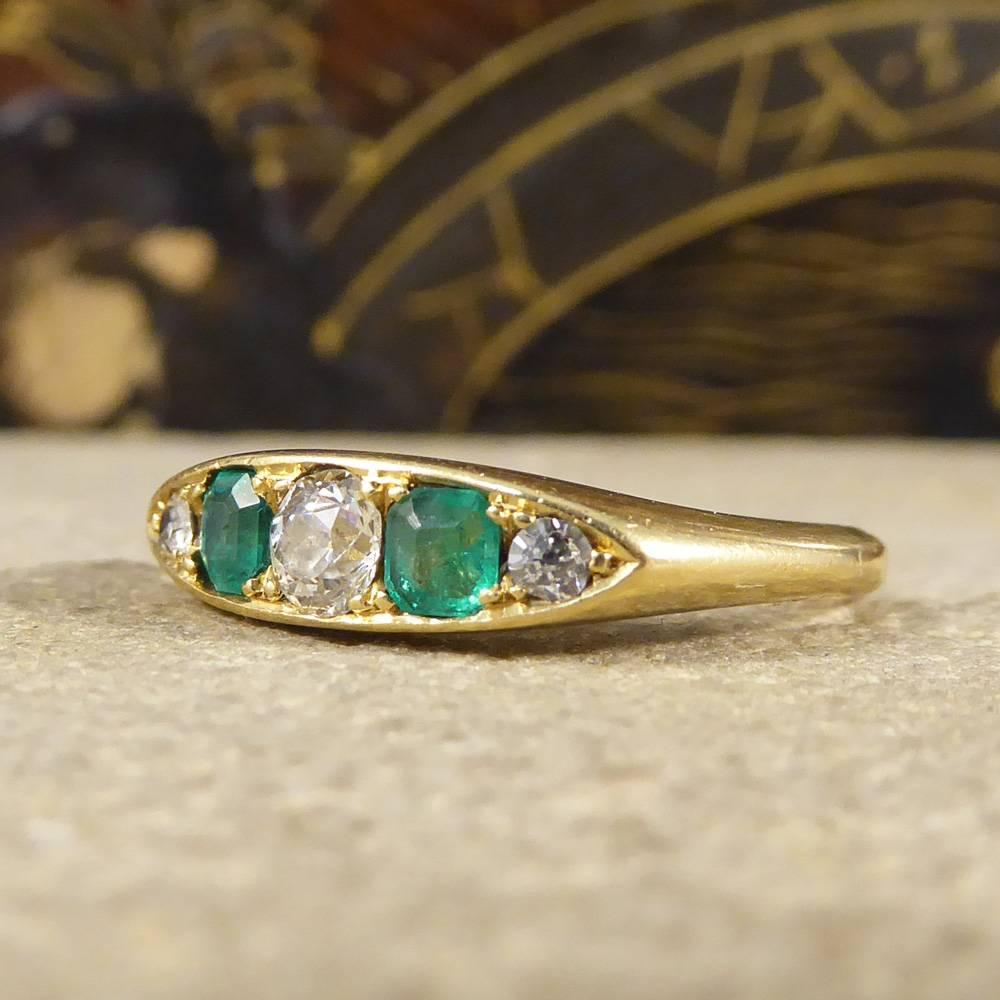 Women's Antique Emerald and Diamond Five Stone Ring in 18 Carat Yellow Gold