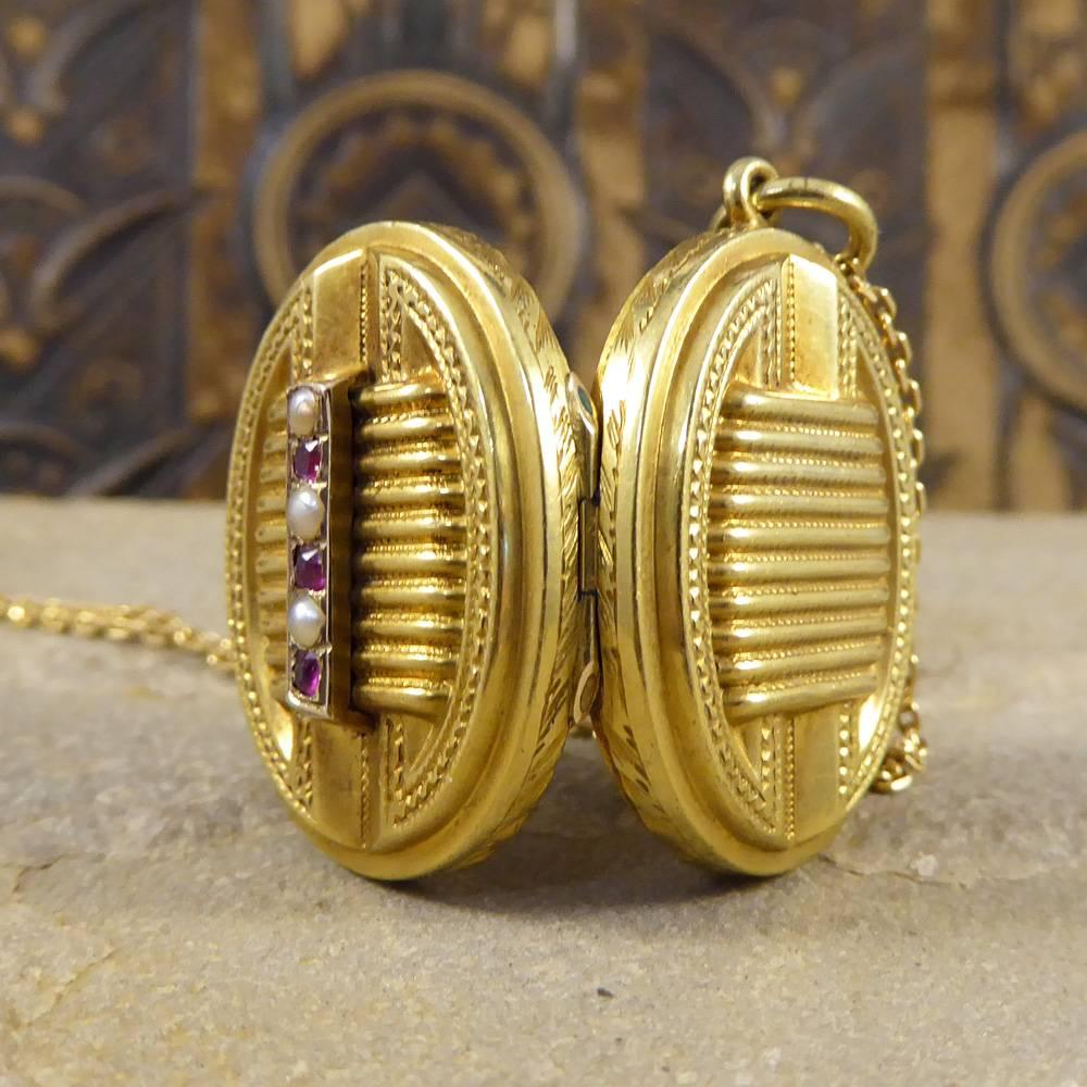 Women's or Men's Antique Victorian Pearl Garnet Pendant Locket on a 15 Carat Gold Chain