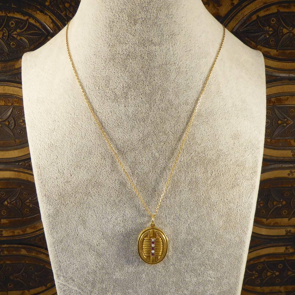 Antique Victorian Pearl Garnet Pendant Locket on a 15 Carat Gold Chain 5