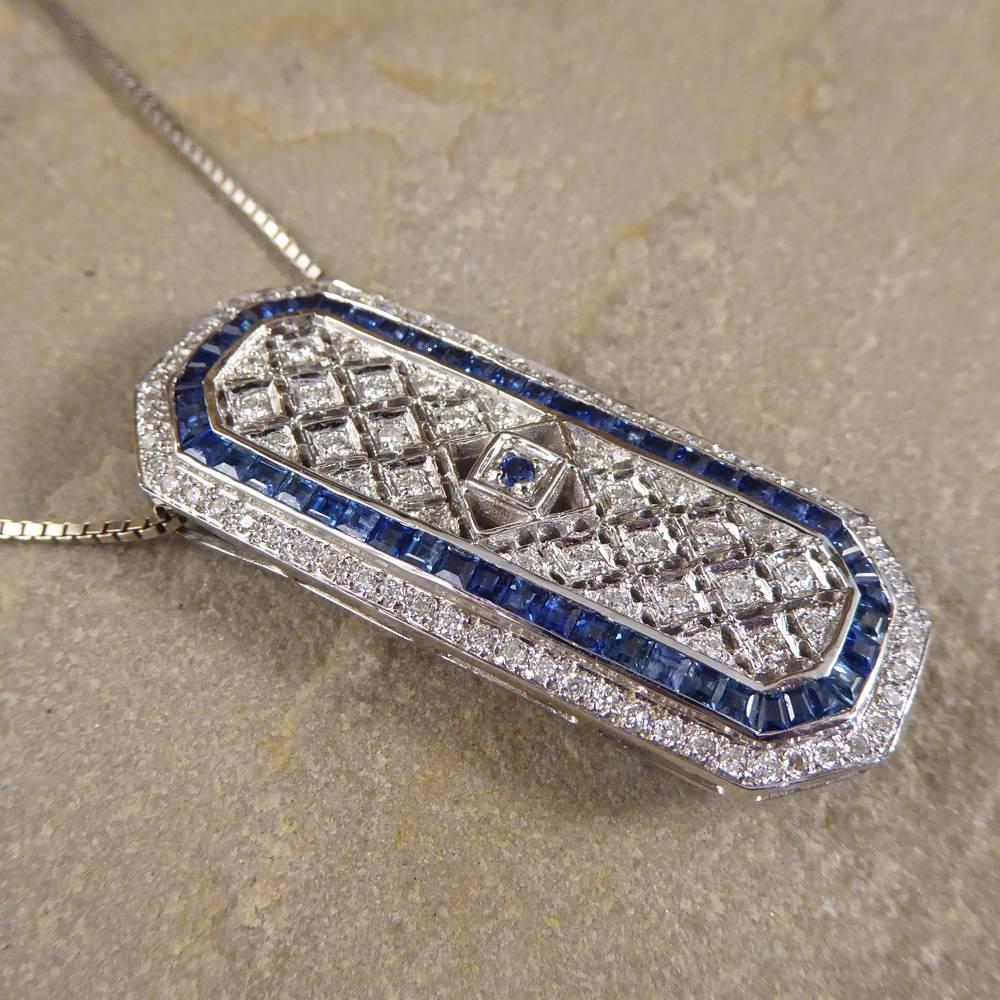 Modern Sapphire and Diamond 18 Carat Pendant Brooch and Chain