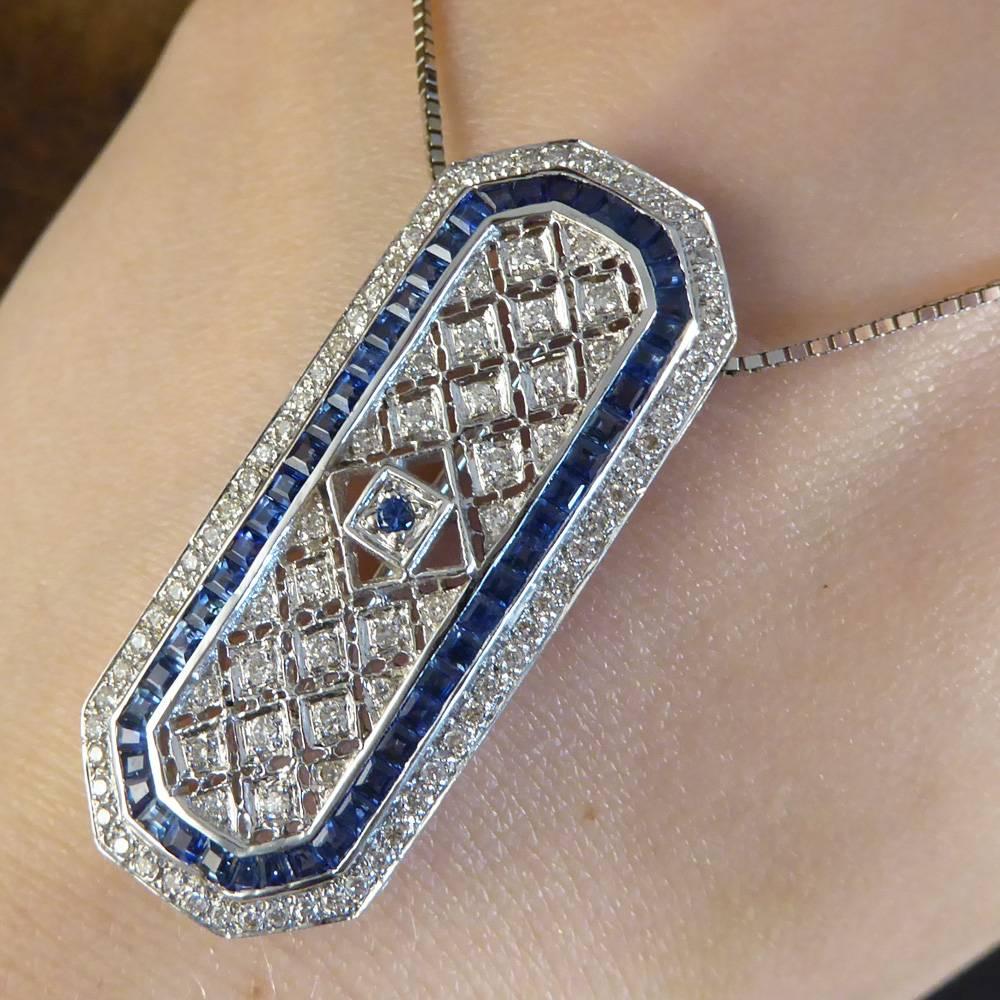 Sapphire and Diamond 18 Carat Pendant Brooch and Chain 2