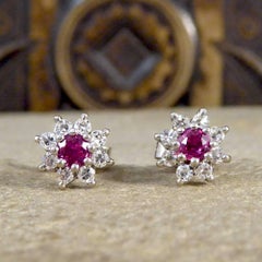 Vintage Ruby and Diamond Cluster Earrings in 18 Carat White Gold