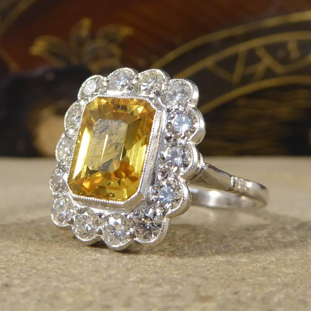 Modern Yellow Sapphire 3 Carat and Diamond Engagement 18 Carat White Gold Ring