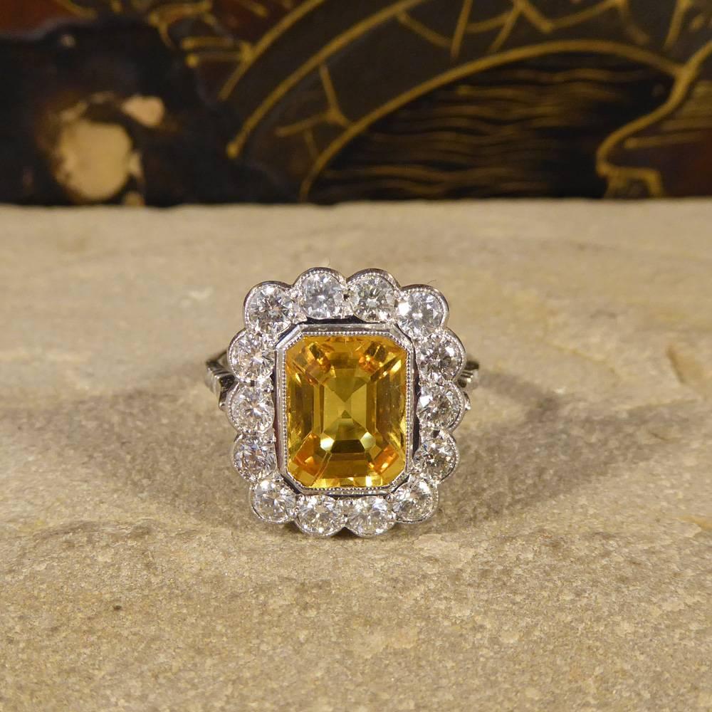 Women's Yellow Sapphire 3 Carat and Diamond Engagement 18 Carat White Gold Ring