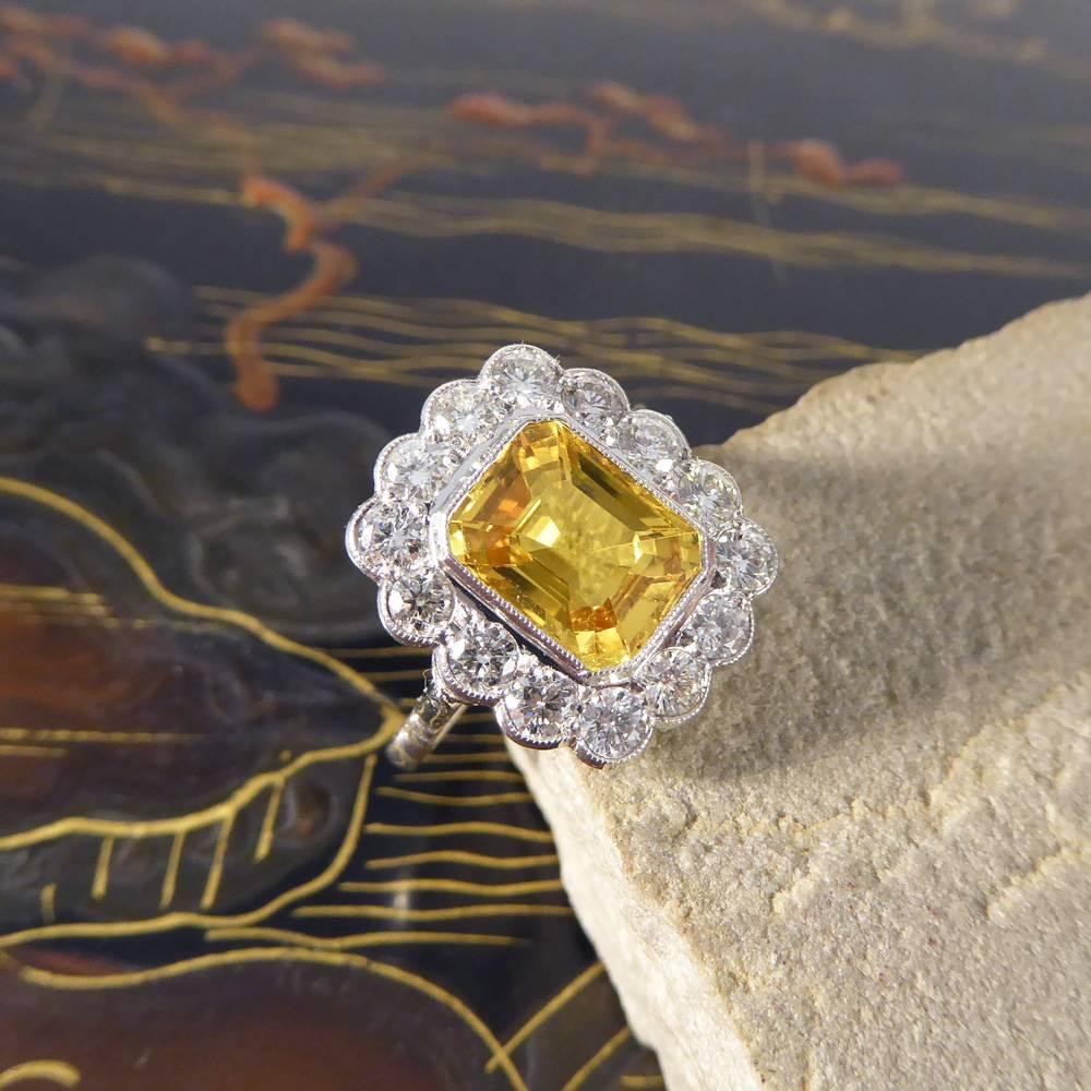 Yellow Sapphire 3 Carat and Diamond Engagement 18 Carat White Gold Ring 4