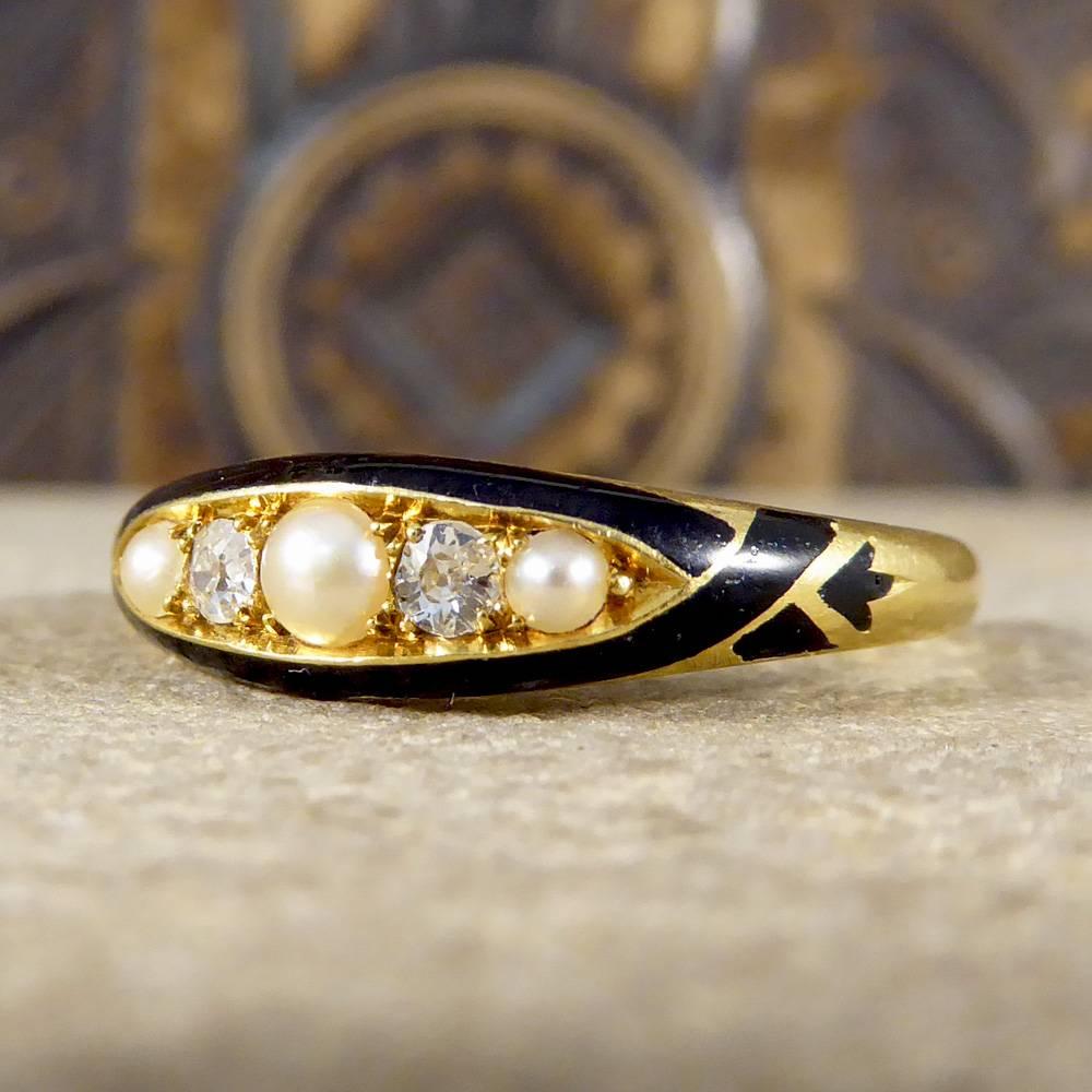 Women's Antique Diamond and Cultured Pearl Mourning 18 Carat Gold Ring